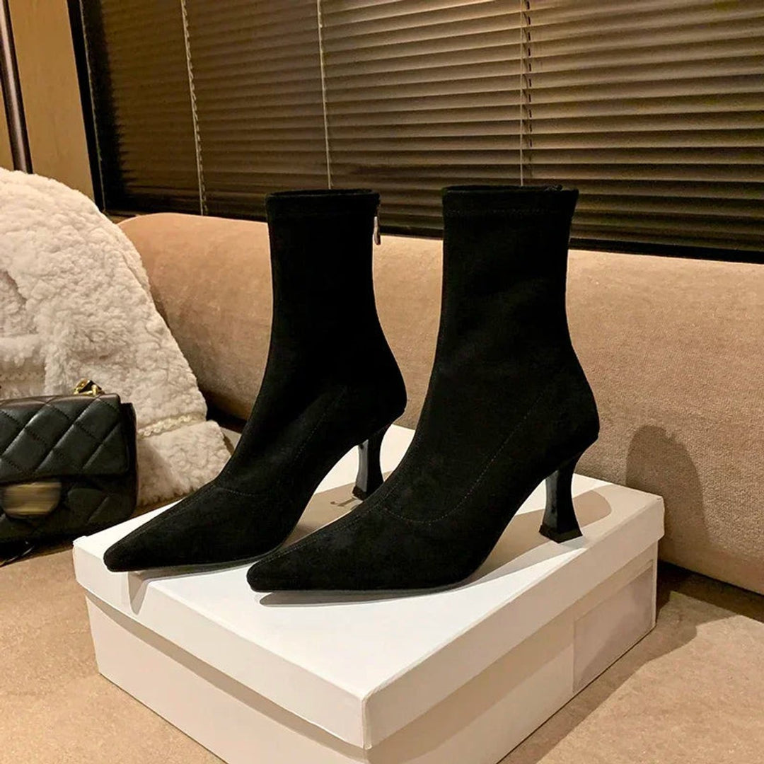 Women's Pointed Toe Sock Ankle Boots Kitten Heel Pull-On