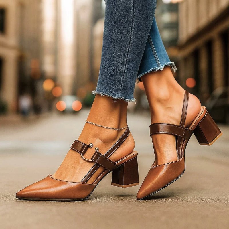 Women's Pointed-Toe T-Strap Block Heel Pumps - Brown