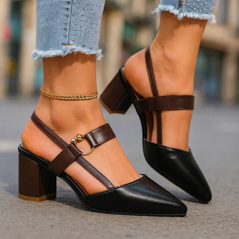 Women's Pointed-Toe T-Strap Block Heel Pumps - Black