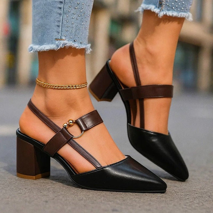 Women's Pointed-Toe T-Strap Block Heel Pumps - Black