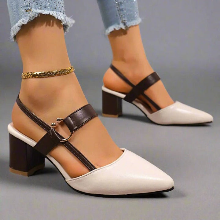 Women's Pointed-Toe T-Strap Block Heel Pumps - Beige