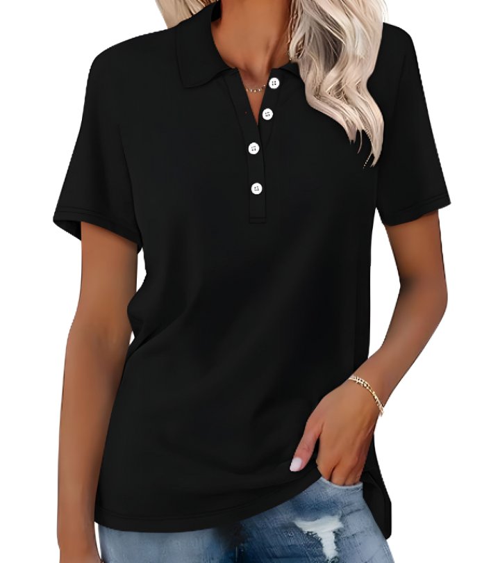 Women's Polo Shirt Pique Cotton Relaxed Fit Short Sleeve - Black