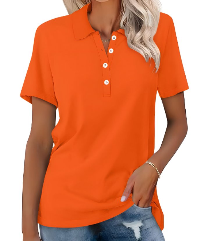 Women's Polo Shirt Pique Cotton Relaxed Fit Short Sleeve - Orange