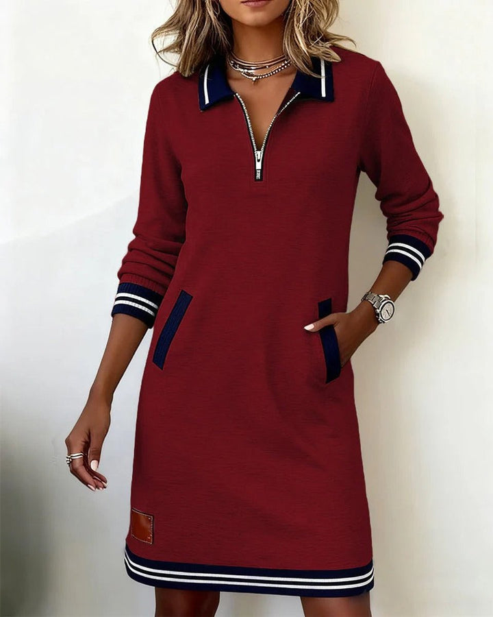 Women's Polo Zip-Neck Long Sleeve Dress Striped Trim Side Pockets