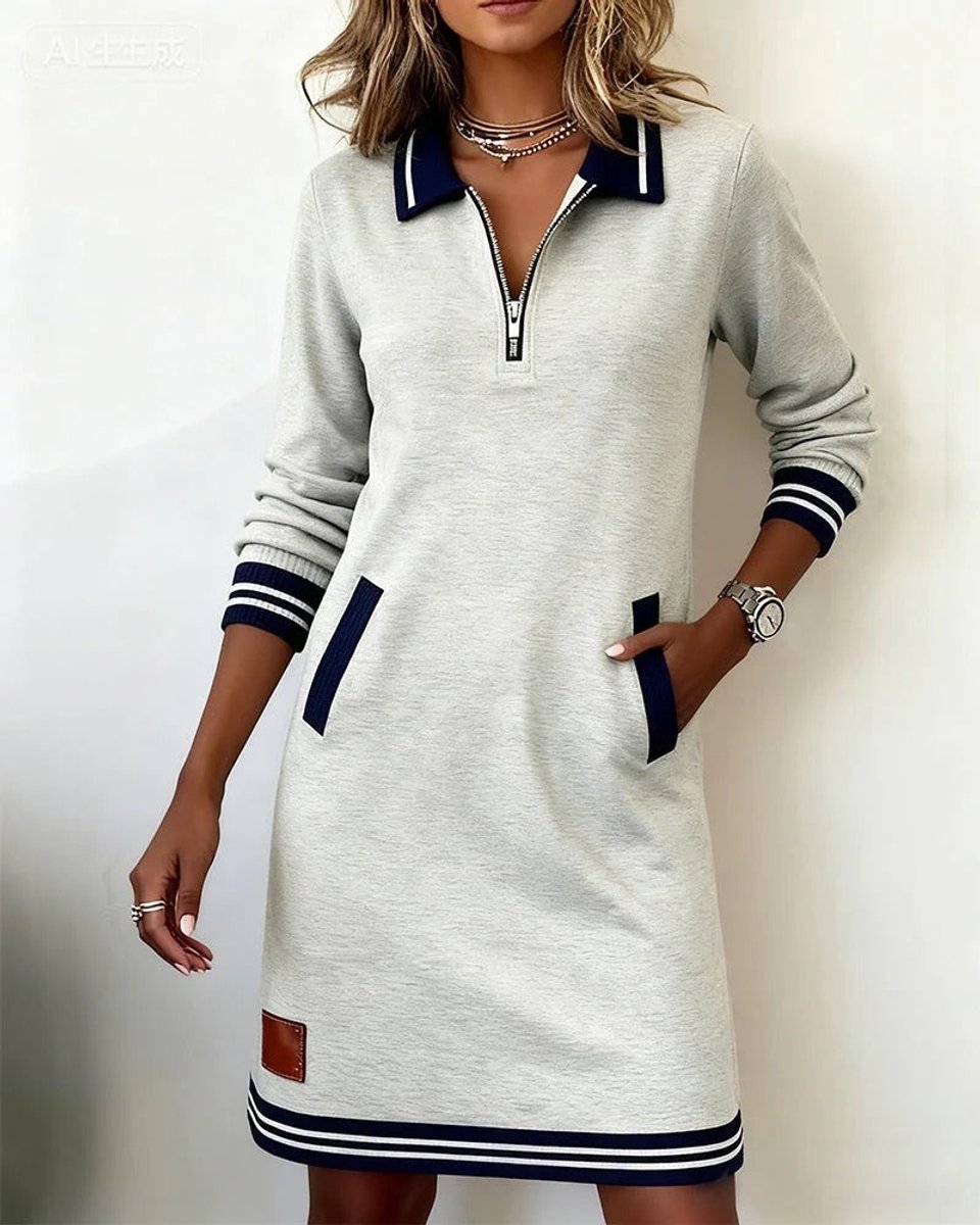 Women's Polo Zip-Neck Long Sleeve Dress Striped Trim Side Pockets - Grey