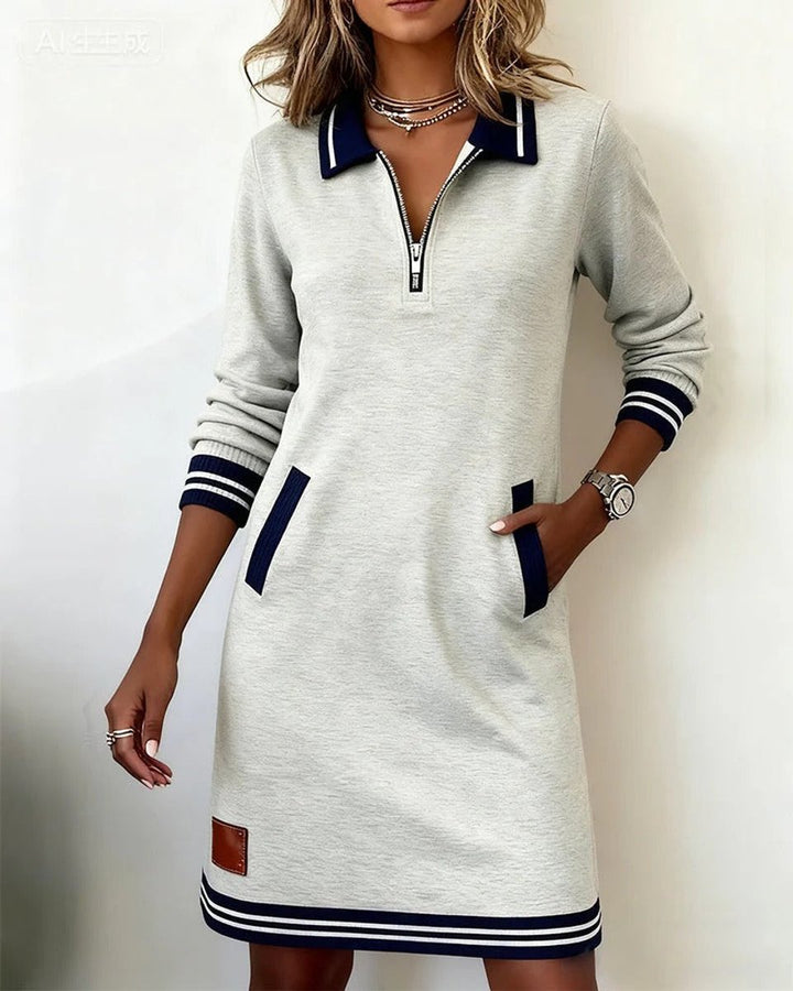 Women's Polo Zip-Neck Long Sleeve Dress Striped Trim Side Pockets - Grey
