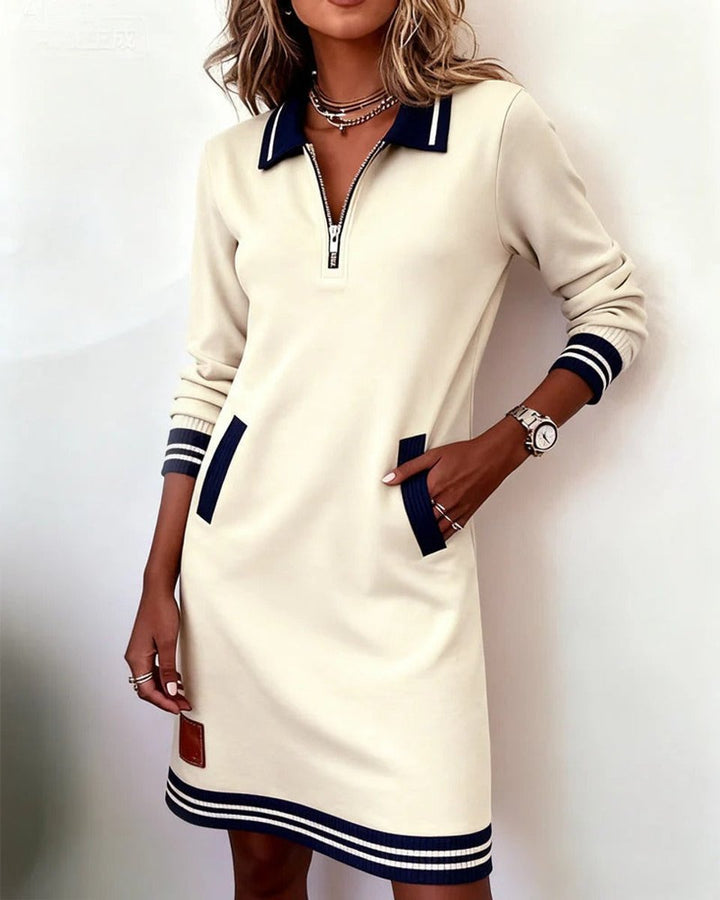 Women's Polo Zip-Neck Long Sleeve Dress Striped Trim Side Pockets - White