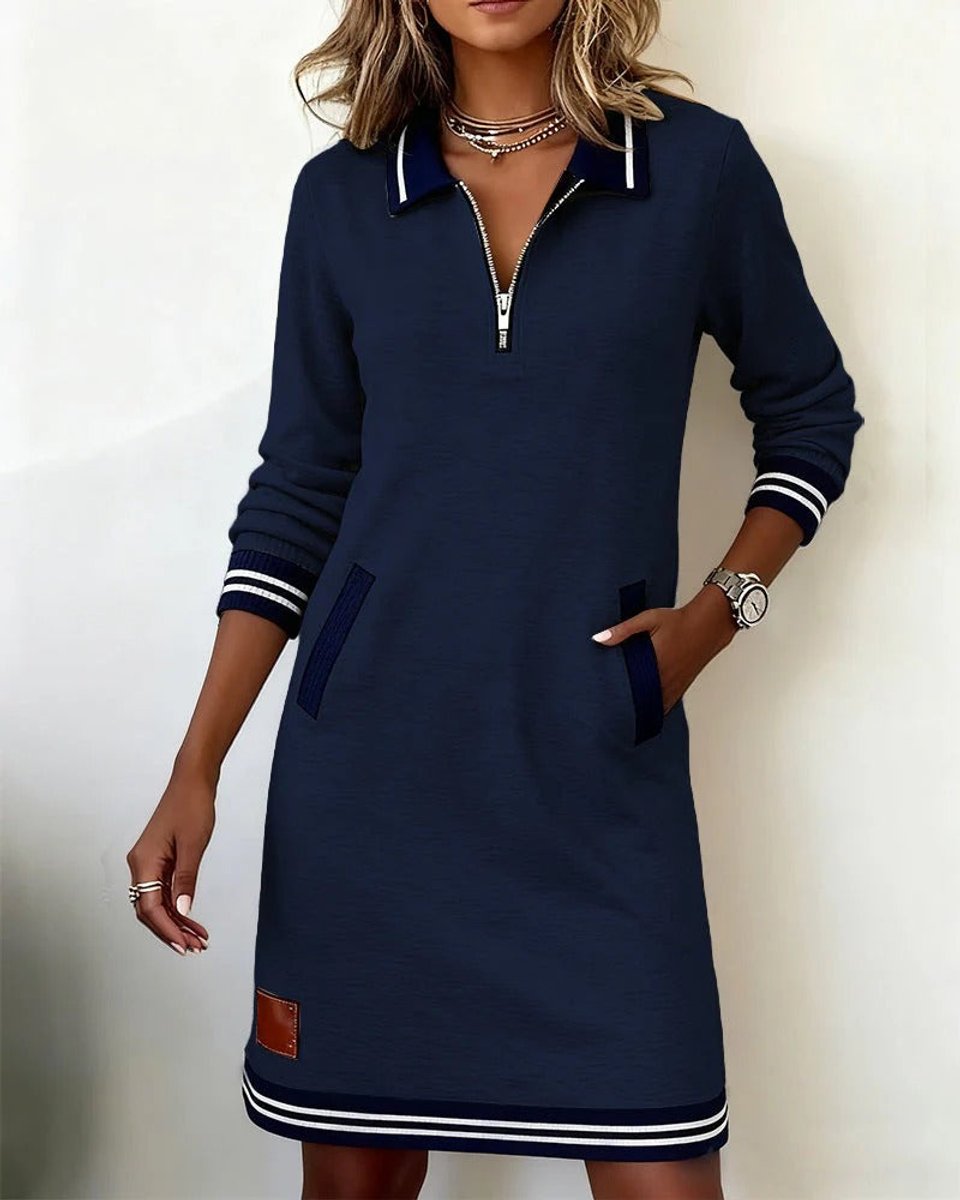 Women's Polo Zip-Neck Long Sleeve Dress Striped Trim Side Pockets - Navy Blue