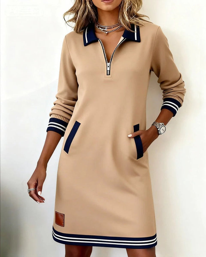 Women's Polo Zip-Neck Long Sleeve Dress Striped Trim Side Pockets