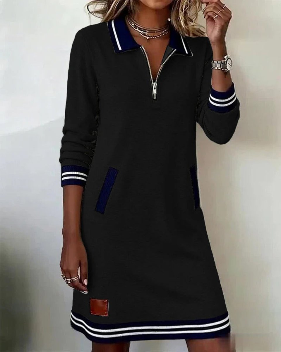 Women's Polo Zip-Neck Long Sleeve Dress Striped Trim Side Pockets