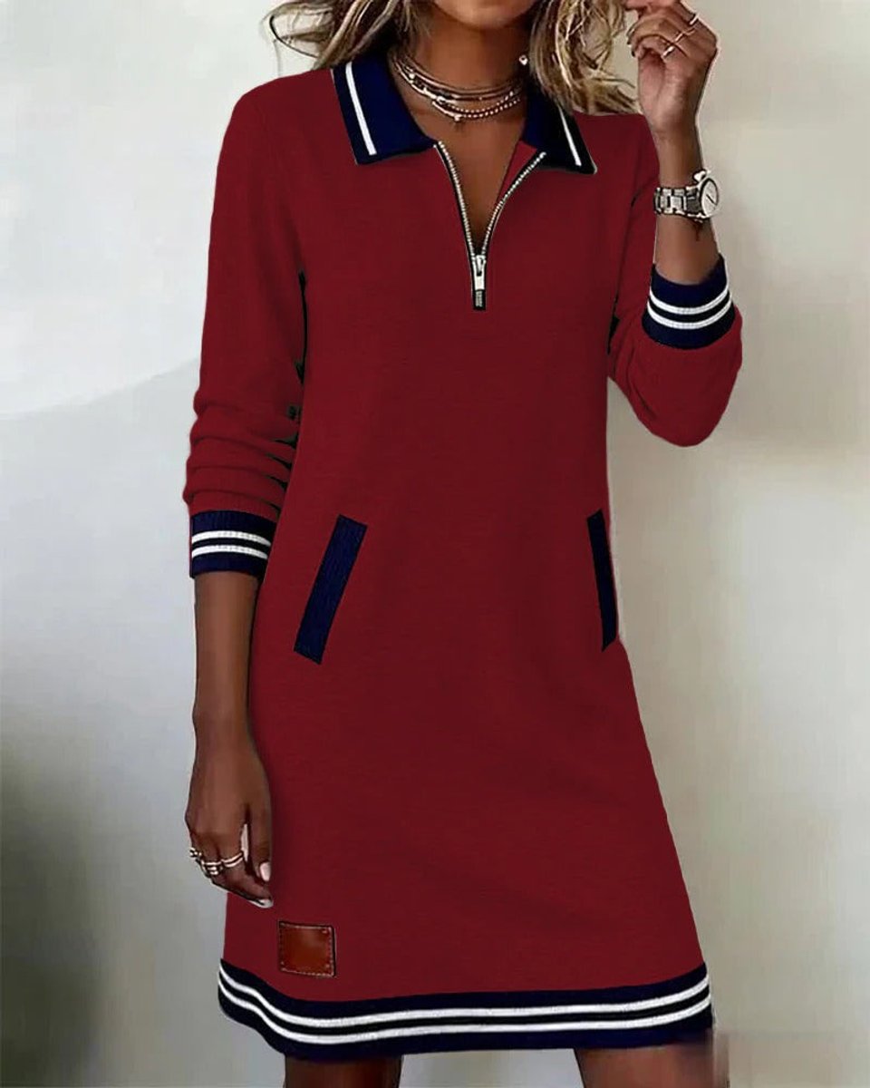 Women's Polo Zip-Neck Long Sleeve Dress Striped Trim Side Pockets