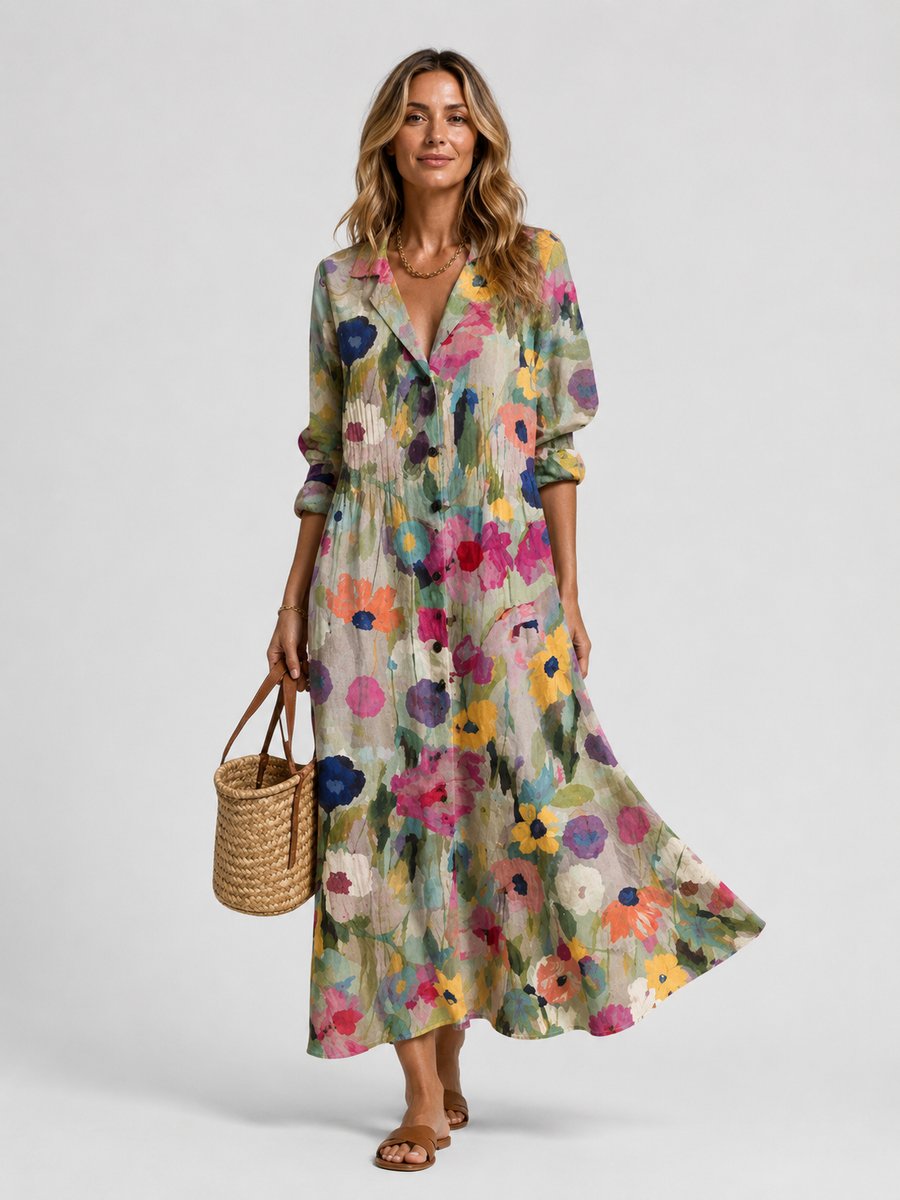 Women's Printed Maxi Shirt Dress Relaxed Flowing Button-Front - Floral