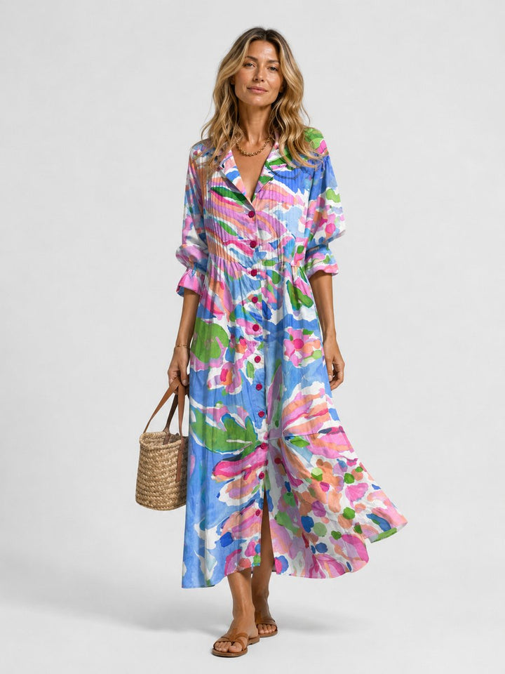 Women's Printed Maxi Shirt Dress Relaxed Flowing Button-Front - Blue