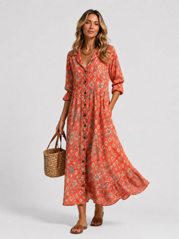 Women's Printed Maxi Shirt Dress Relaxed Flowing Button-Front - Orange