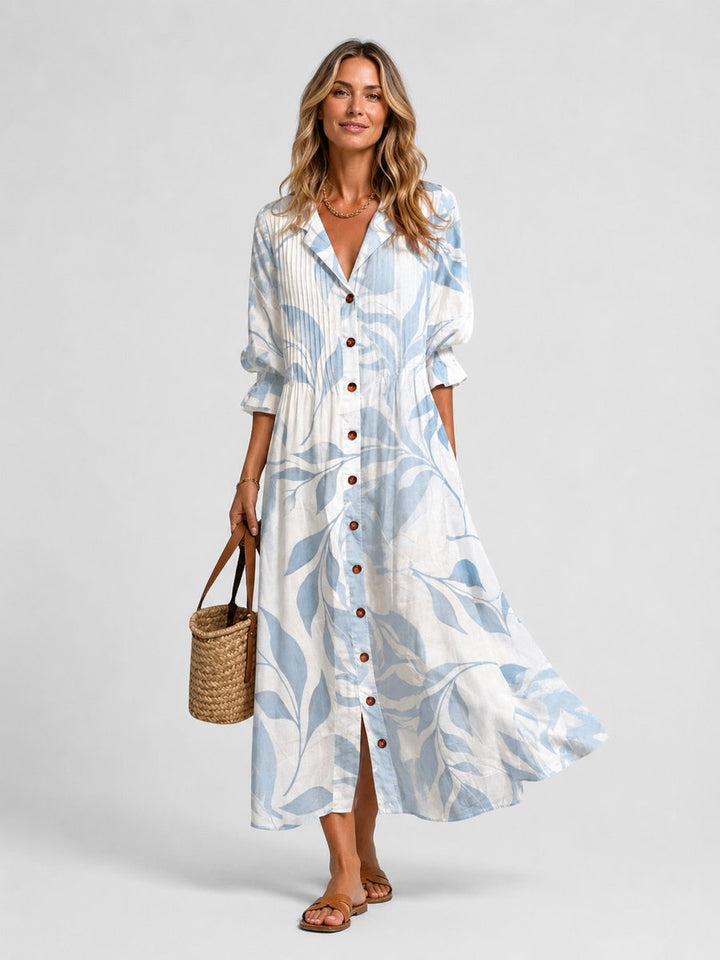 Women's Printed Maxi Shirt Dress Relaxed Flowing Button-Front - Light Blue