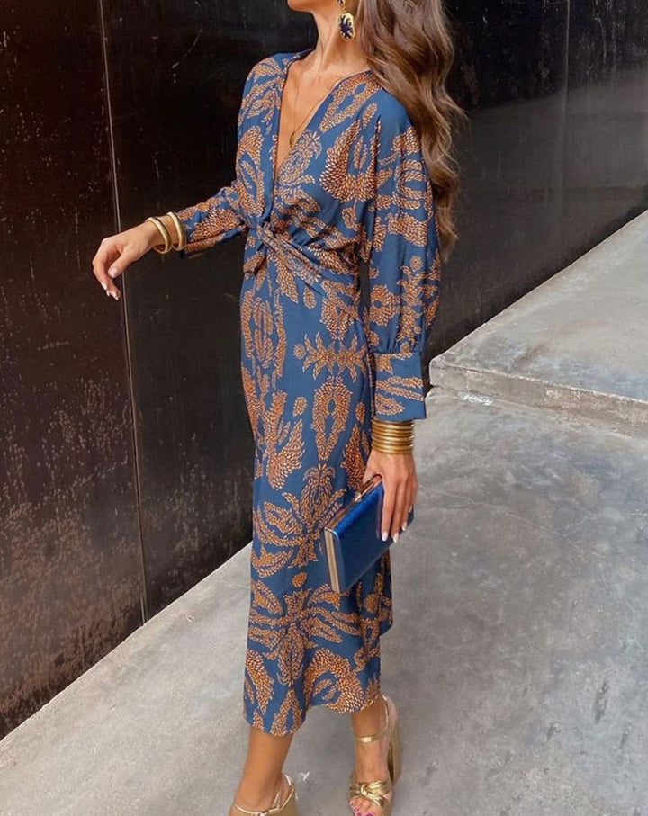 Women's Printed V-Neck Knot-Front Long-Sleeve Maxi Dress - Blue