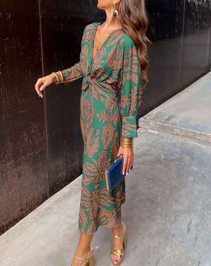Women's Printed V-Neck Knot-Front Long-Sleeve Maxi Dress - Green