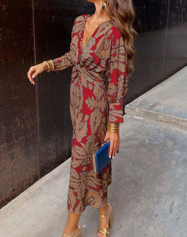Women's Printed V-Neck Knot-Front Long-Sleeve Maxi Dress - Red