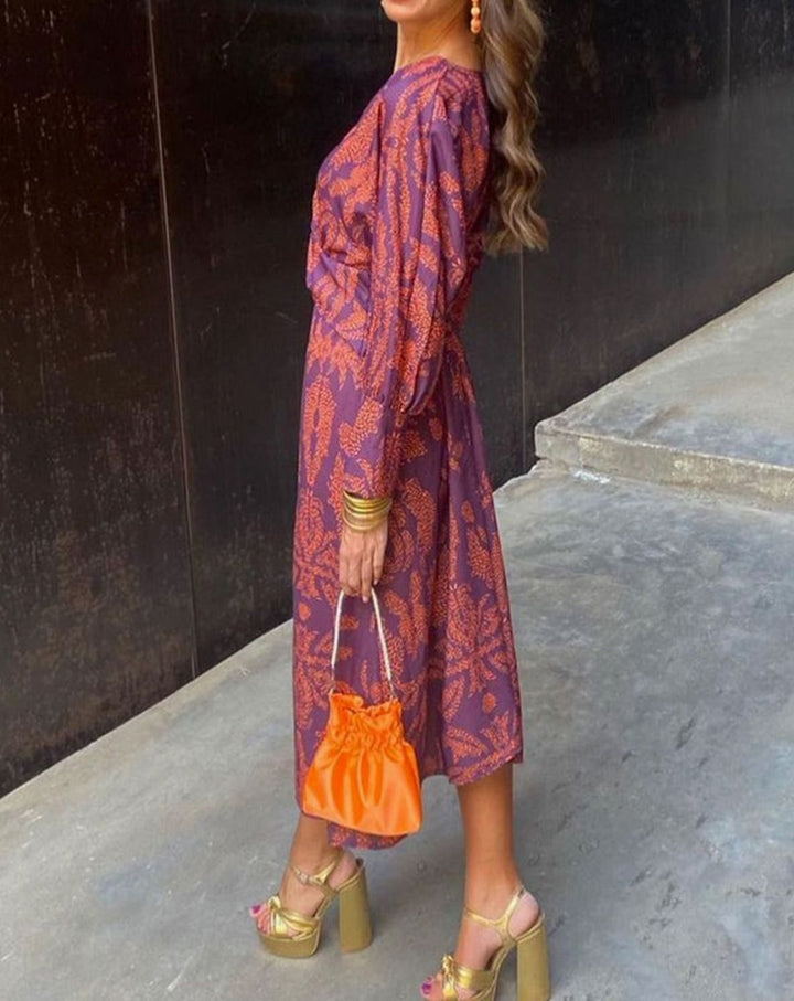 Women's Printed V-Neck Knot-Front Long-Sleeve Maxi Dress - Purple