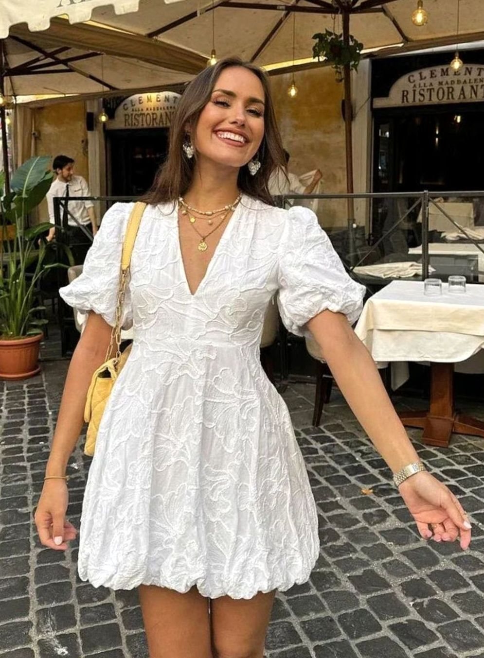 Women's Puff-Sleeve Textured Floral Mini Party Dress
