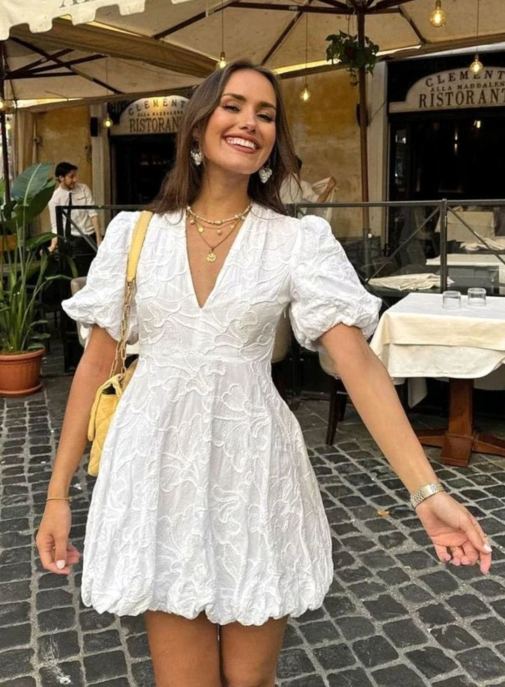 Women's Puff-Sleeve Textured Floral Mini Party Dress