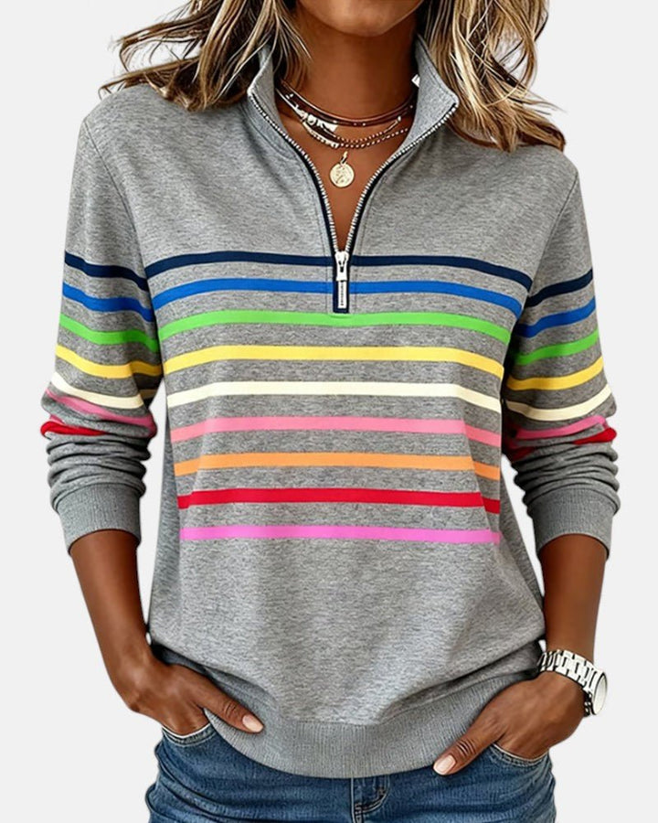 Women's Quarter Zip Jumper Striped Rainbow Relaxed Fit - Gray