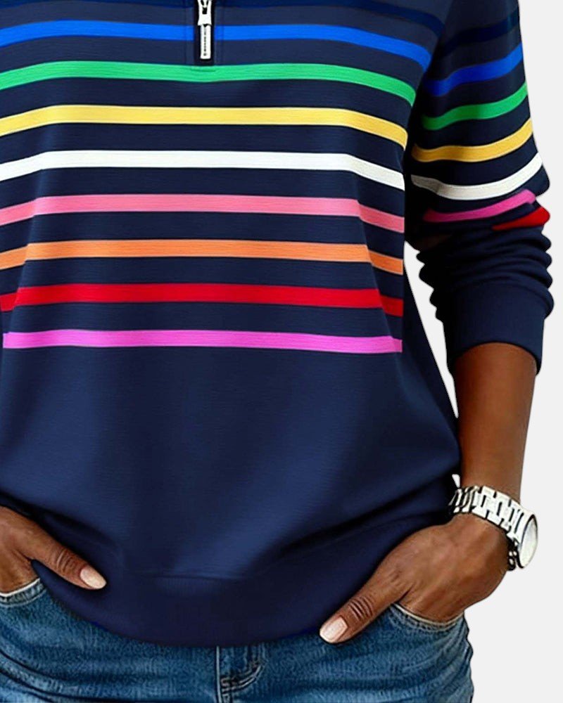 Women's Quarter Zip Jumper Striped Rainbow Relaxed Fit