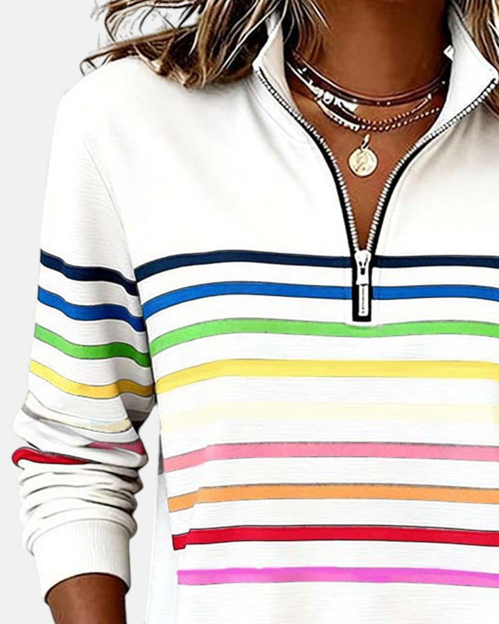 Women's Quarter Zip Jumper Striped Rainbow Relaxed Fit
