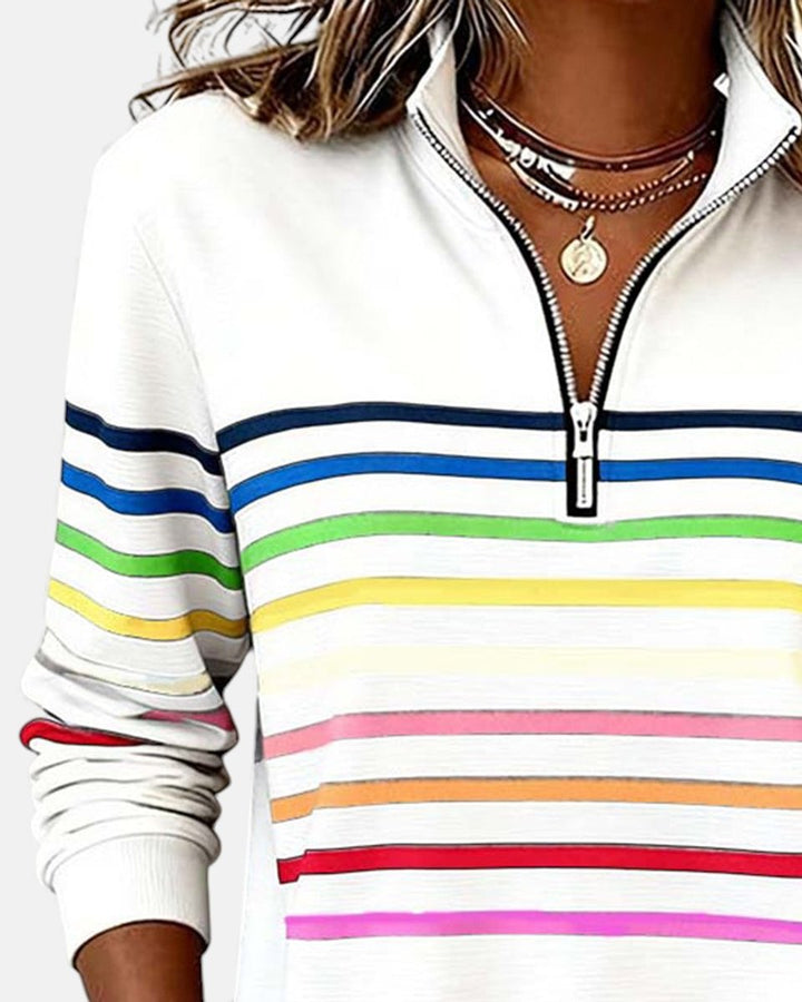 Women's Quarter Zip Jumper Striped Rainbow Relaxed Fit