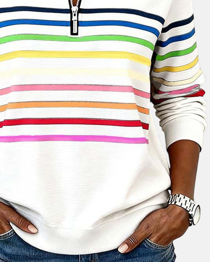 Women's Quarter Zip Jumper Striped Rainbow Relaxed Fit