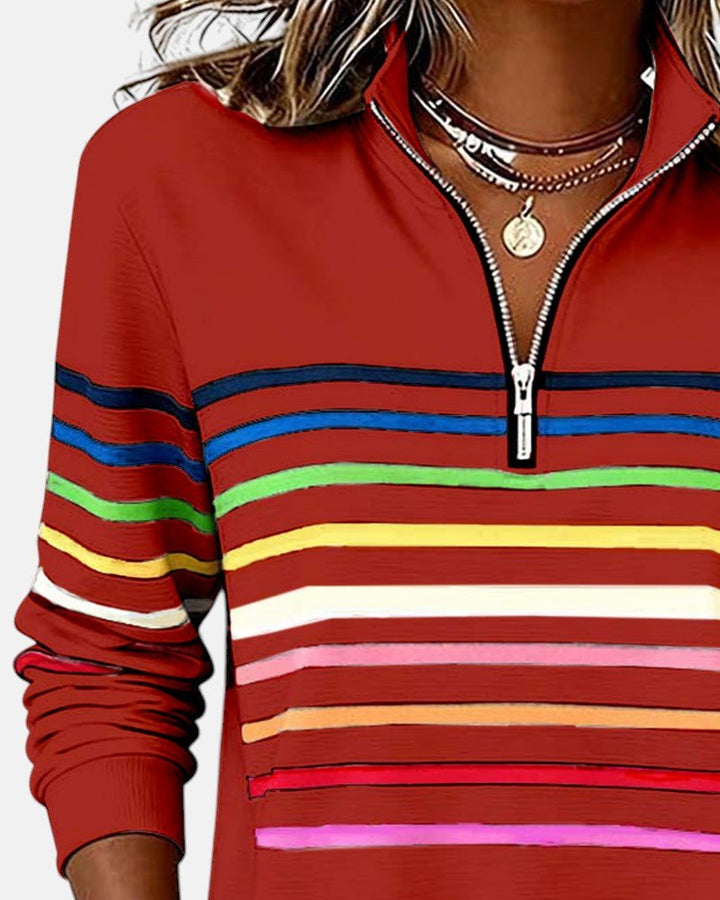 Women's Quarter Zip Jumper Striped Rainbow Relaxed Fit