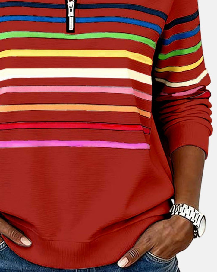 Women's Quarter Zip Jumper Striped Rainbow Relaxed Fit