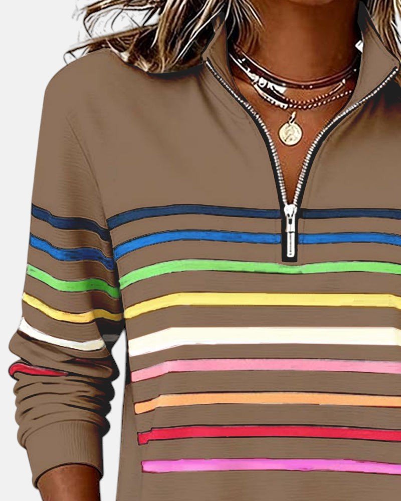 Women's Quarter Zip Jumper Striped Rainbow Relaxed Fit
