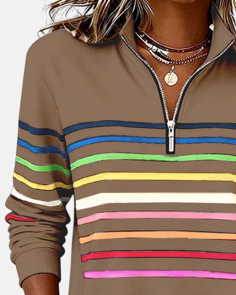 Women's Quarter Zip Jumper Striped Rainbow Relaxed Fit