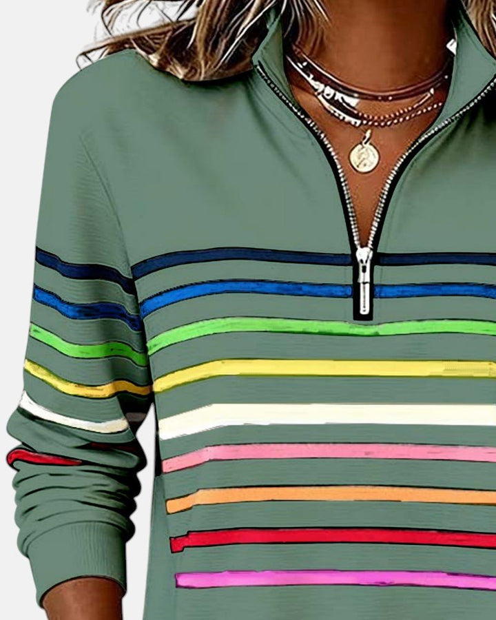 Women's Quarter Zip Jumper Striped Rainbow Relaxed Fit