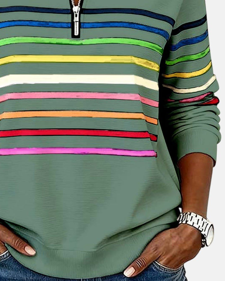 Women's Quarter Zip Jumper Striped Rainbow Relaxed Fit