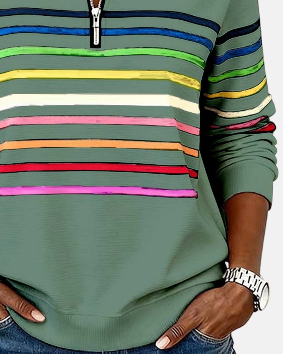 Women's Quarter Zip Jumper Striped Rainbow Relaxed Fit