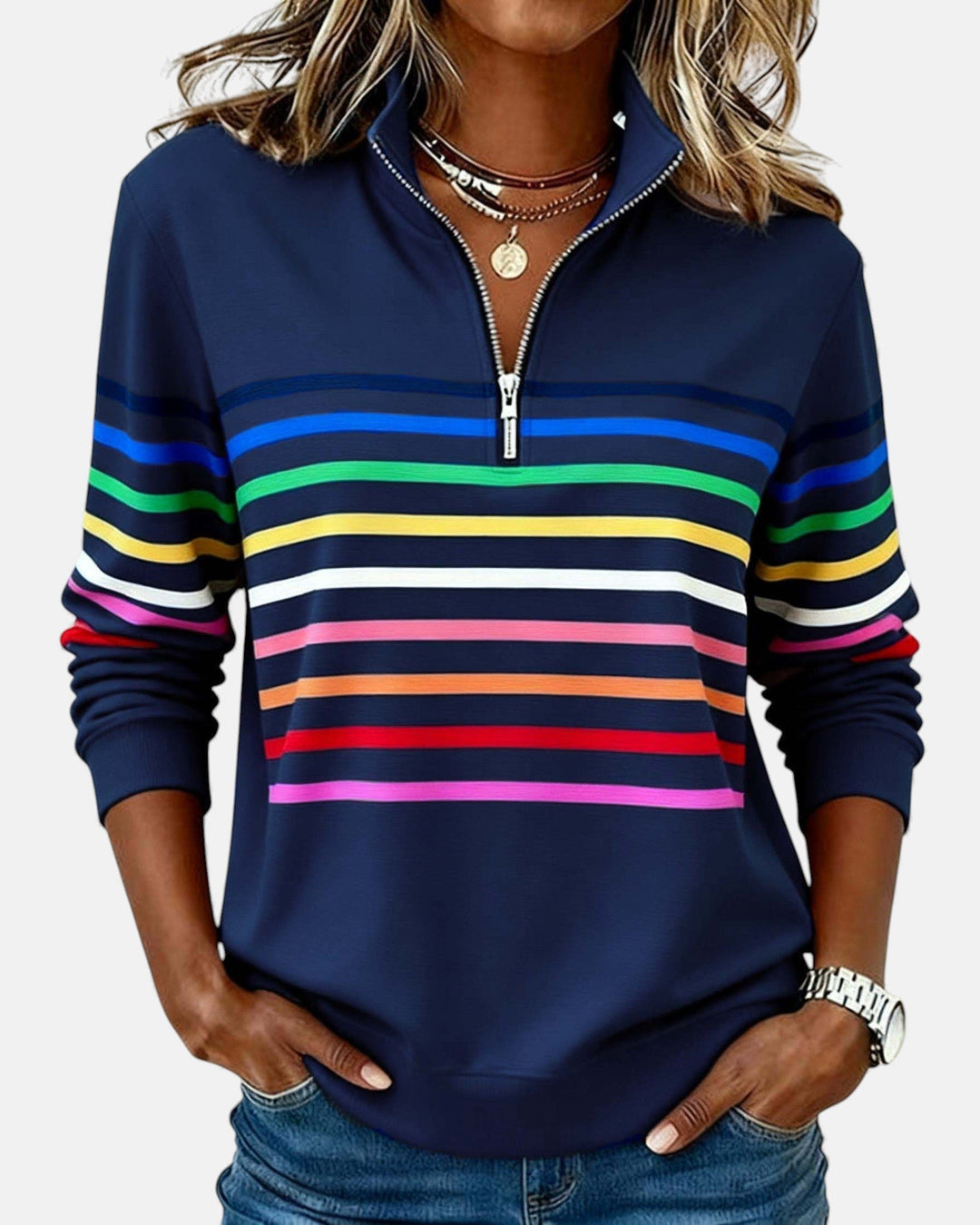 Women's Quarter Zip Jumper Striped Rainbow Relaxed Fit - Navy Blue