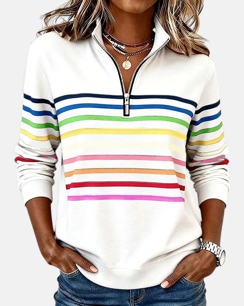 Women's Quarter Zip Jumper Striped Rainbow Relaxed Fit - White