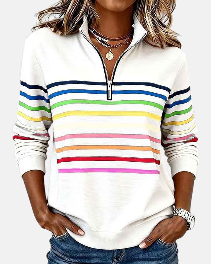 Women's Quarter Zip Jumper Striped Rainbow Relaxed Fit - White