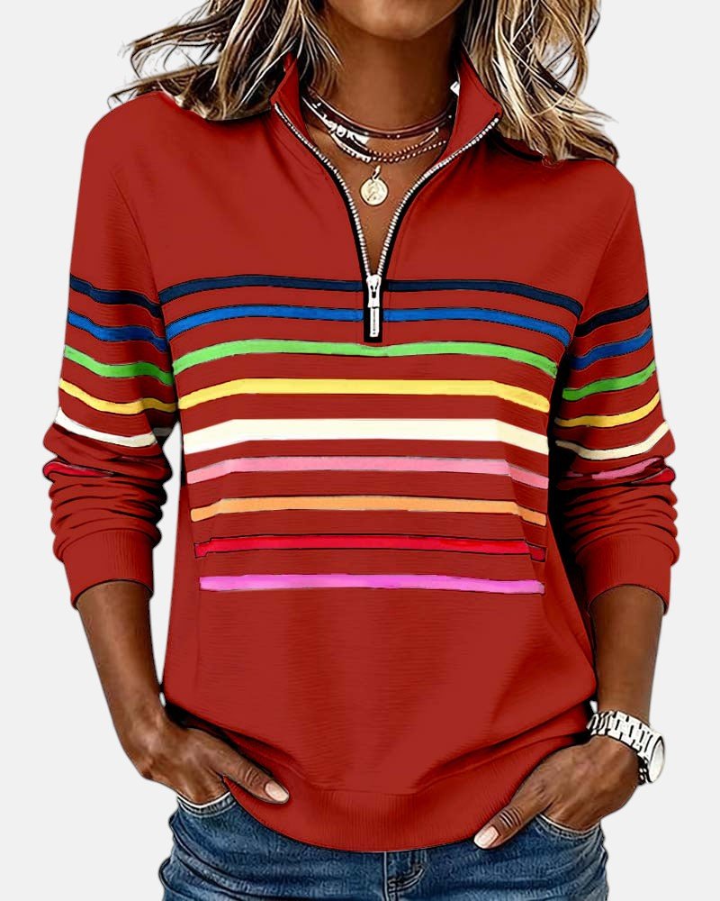 Women's Quarter Zip Jumper Striped Rainbow Relaxed Fit - Red