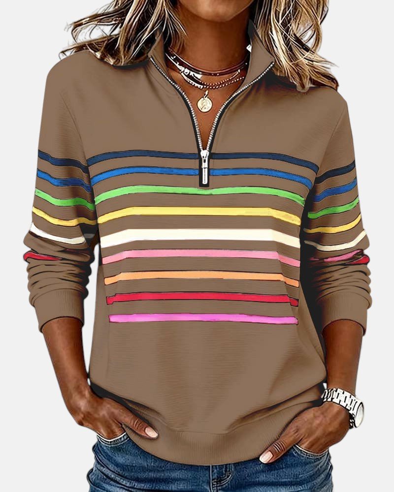 Women's Quarter Zip Jumper Striped Rainbow Relaxed Fit - Khaki