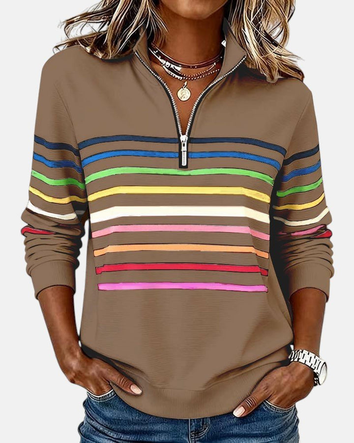 Women's Quarter Zip Jumper Striped Rainbow Relaxed Fit - Khaki