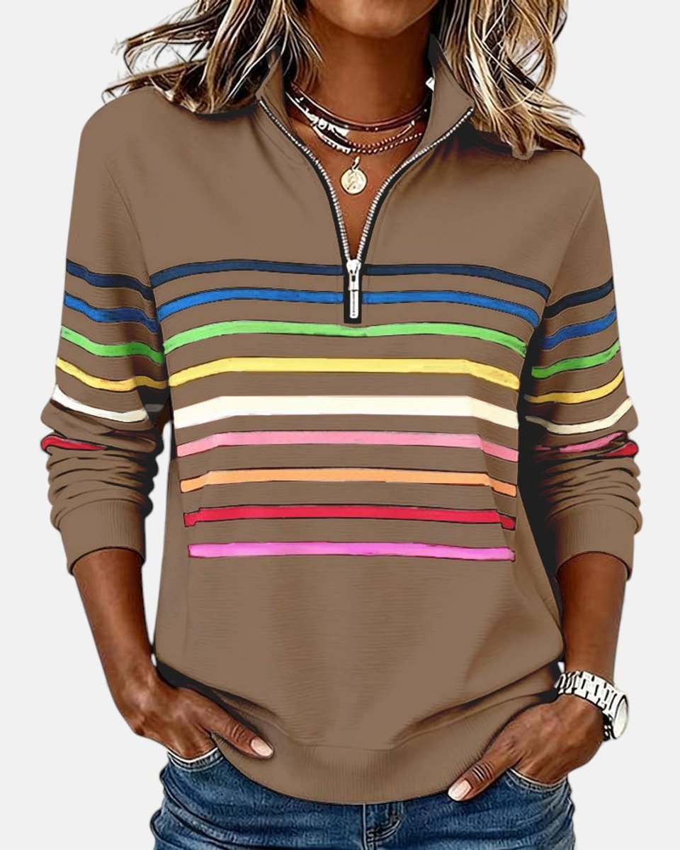 Women's Quarter Zip Jumper Striped Rainbow Relaxed Fit - Khaki
