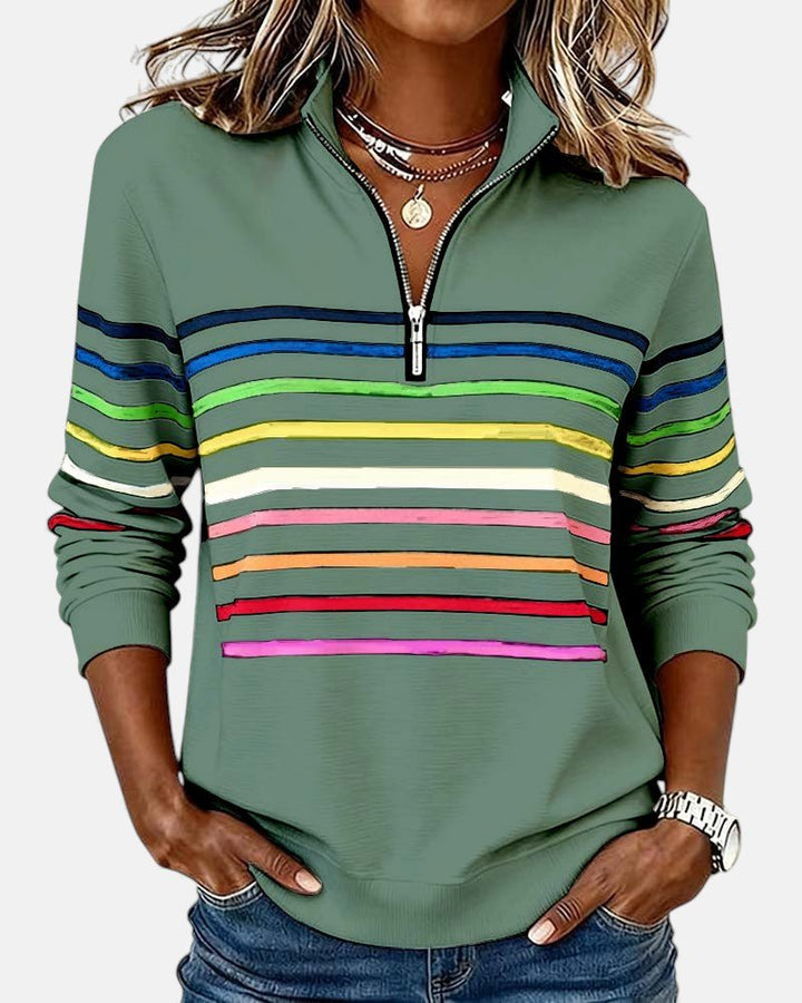 Women's Quarter Zip Jumper Striped Rainbow Relaxed Fit - Green
