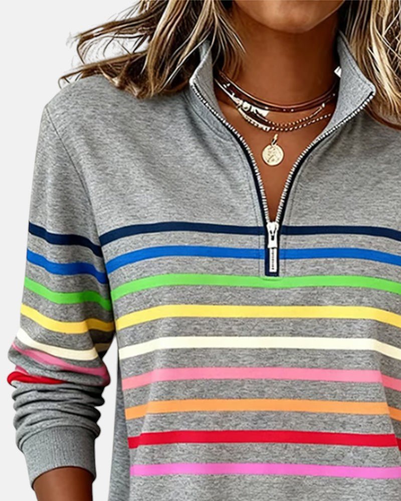 Women's Quarter Zip Jumper Striped Rainbow Relaxed Fit