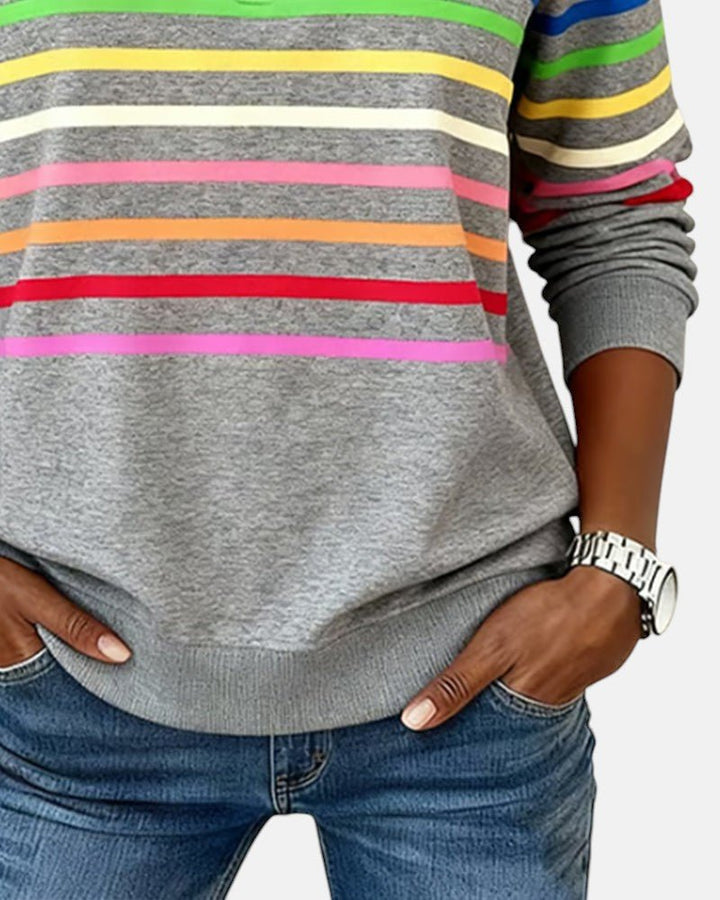 Women's Quarter Zip Jumper Striped Rainbow Relaxed Fit