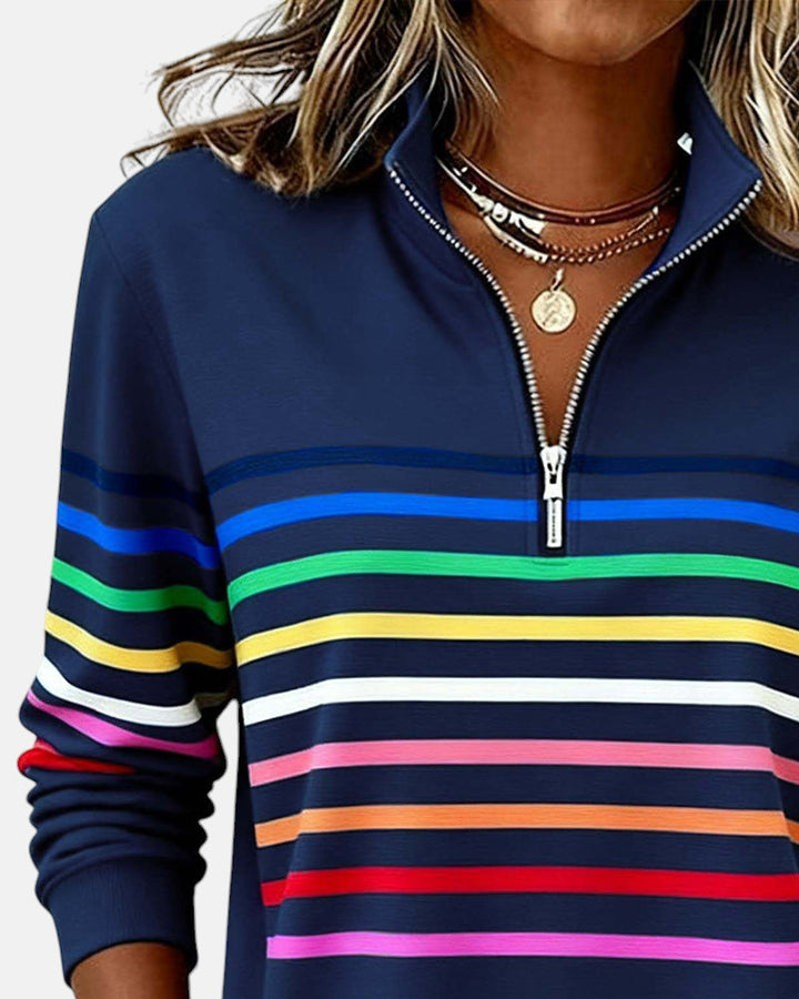 Women's Quarter Zip Jumper Striped Rainbow Relaxed Fit