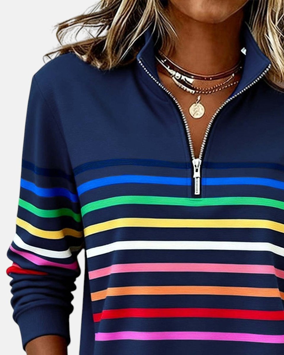 Women's Quarter Zip Jumper Striped Rainbow Relaxed Fit