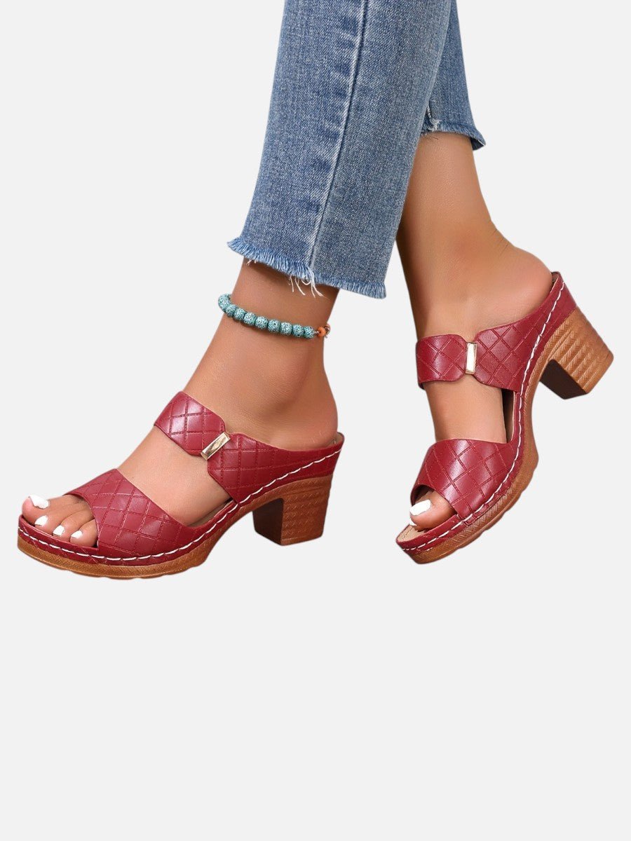 Women's Quilted Faux Leather Block Heel Open Toe Mule Sandals